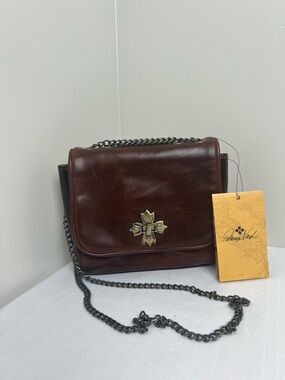 Patricia Nash Harlow Flap Dark Brown Leather Crossbody with Gold Emblem